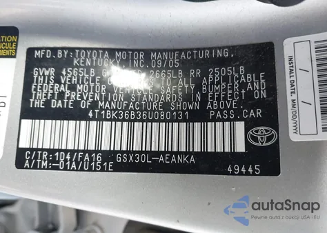 2006 Toyota Avalon Xl z USA, uszkodzony, nr VIN 4T1BK36B36U080131